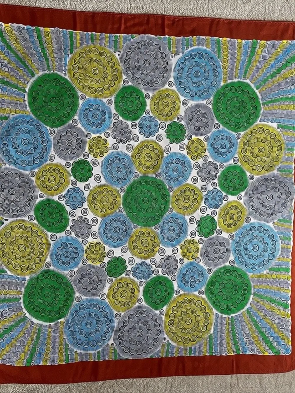 Women’s Green &‎ Blue Patterned Silk Scarf with Rust Border